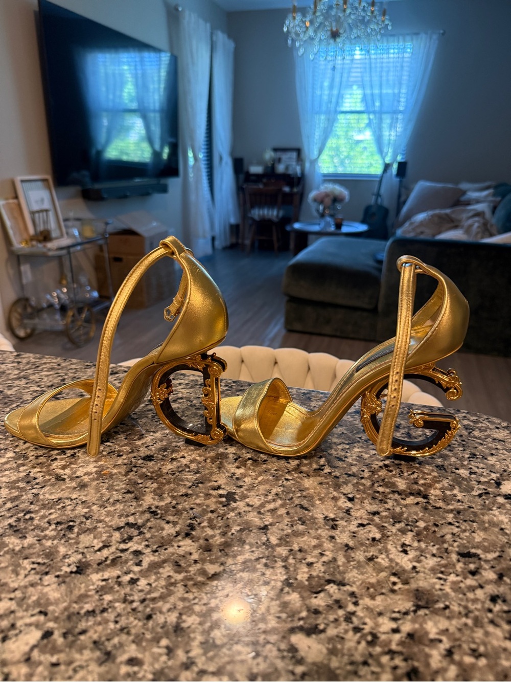 Dolce & Gabbana Gold Metallic Logo Heel Sandals